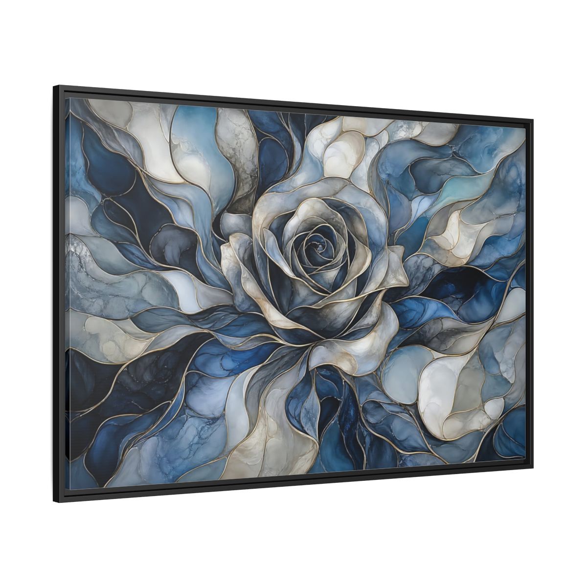 Side Mockup 12. Floral Rose Blue Gold Abstract shown as stretched canvas wall art