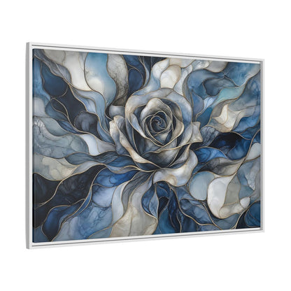 Side Mockup 7. Floral Rose Blue Gold Abstract shown as stretched canvas wall art