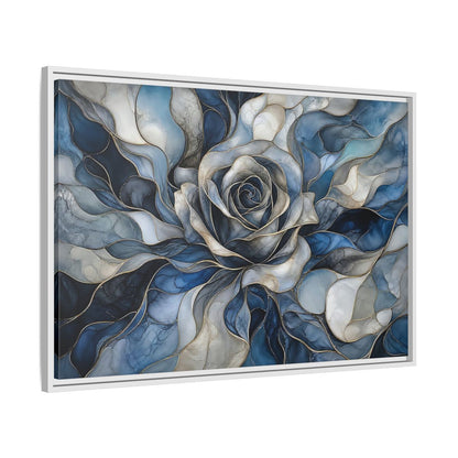 Side Mockup 9. Floral Rose Blue Gold Abstract shown as stretched canvas wall art