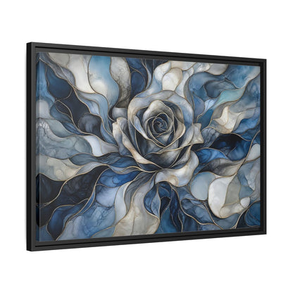 Side Mockup 14. Floral Rose Blue Gold Abstract shown as stretched canvas wall art