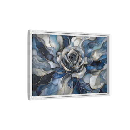 Side Mockup 1. Floral Rose Blue Gold Abstract shown as stretched canvas wall art