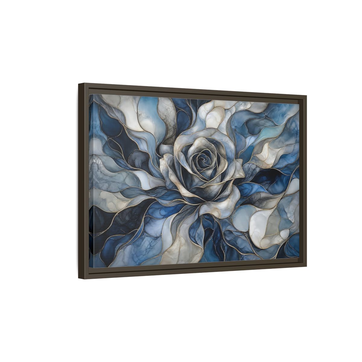 Side Mockup 2. Floral Rose Blue Gold Abstract shown as stretched canvas wall art