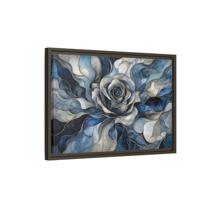 Side Mockup 2. Floral Rose Blue Gold Abstract shown as stretched canvas wall art