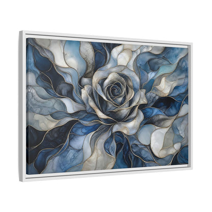 Side Mockup 10. Floral Rose Blue Gold Abstract shown as stretched canvas wall art