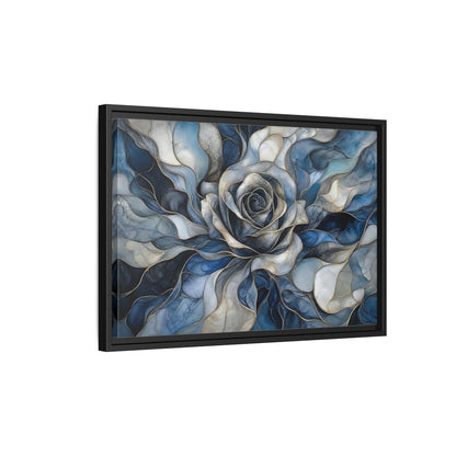 Side Mockup 3. Floral Rose Blue Gold Abstract shown as stretched canvas wall art
