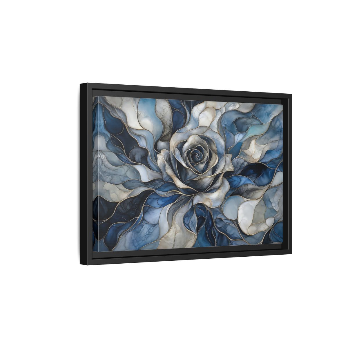 Side Mockup 6. Floral Rose Blue Gold Abstract shown as stretched canvas wall art