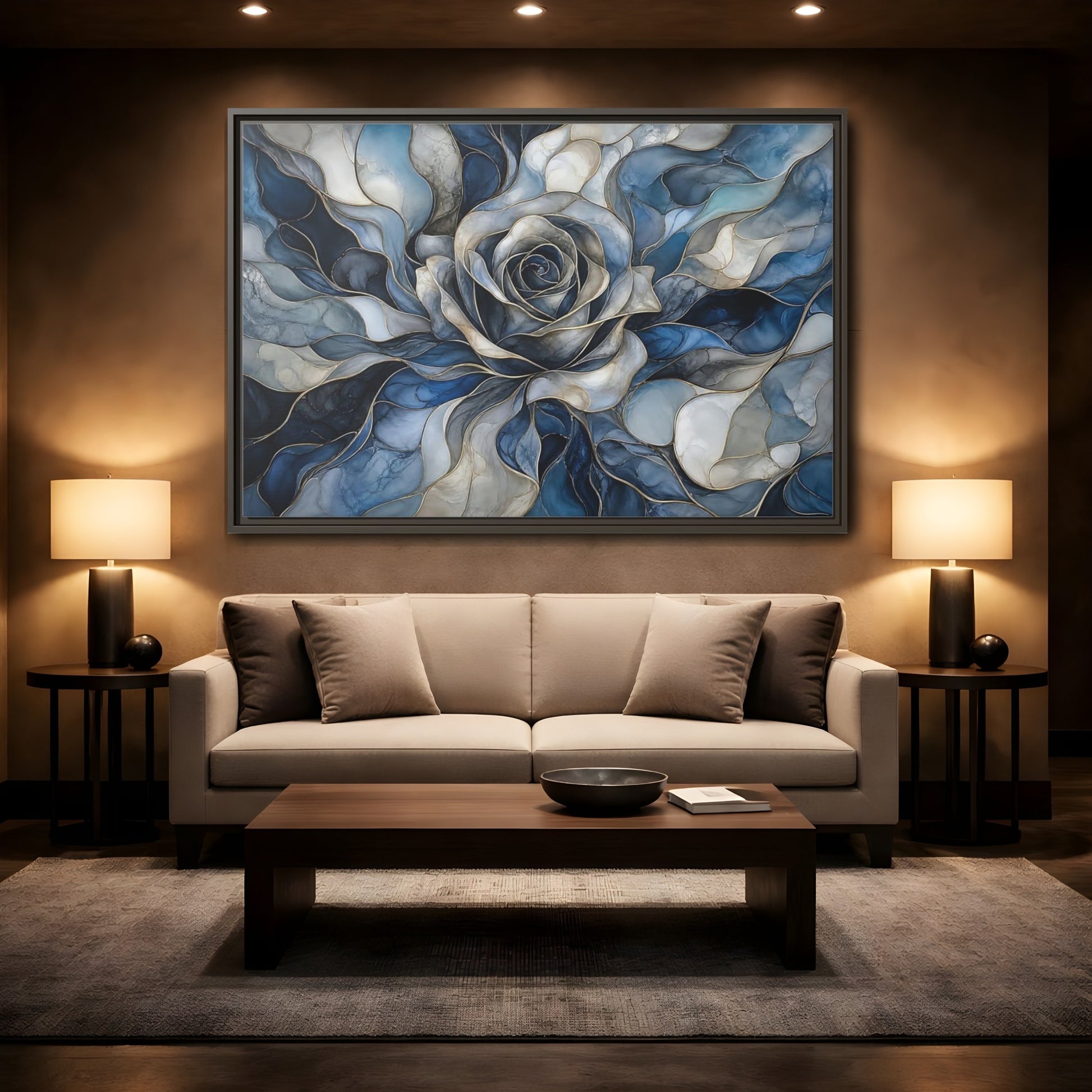 Mockup 2. Floral Rose Blue Gold Abstract shown as stretched canvas wall art