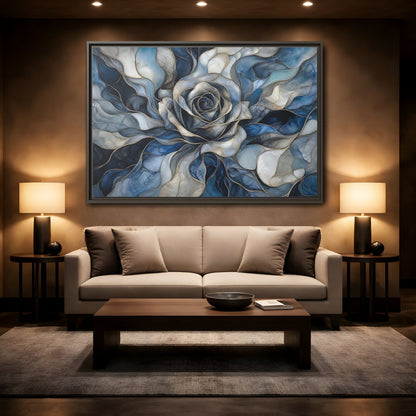 Mockup 2. Floral Rose Blue Gold Abstract shown as stretched canvas wall art
