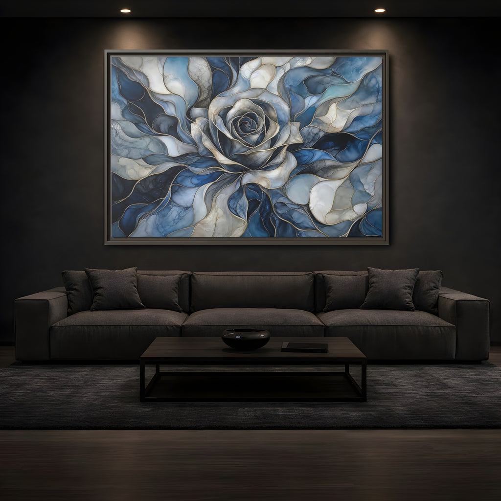 Mockup 3. Floral Rose Blue Gold Abstract shown as stretched canvas wall art