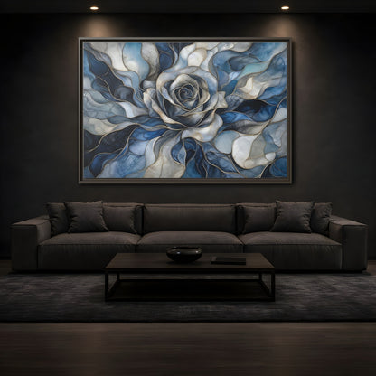 Mockup 3. Floral Rose Blue Gold Abstract shown as stretched canvas wall art