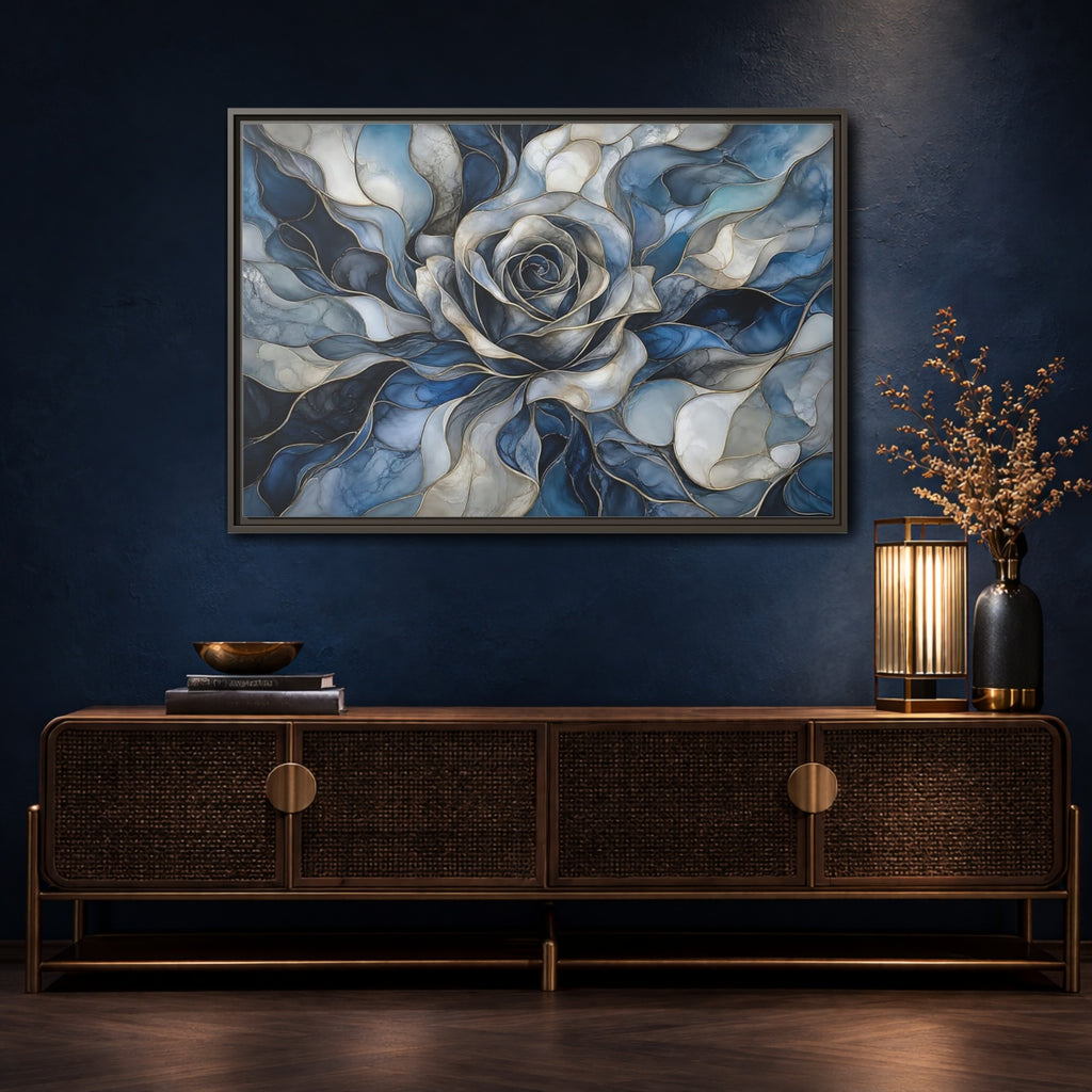 Mockup 4. Floral Rose Blue Gold Abstract shown as stretched canvas wall art