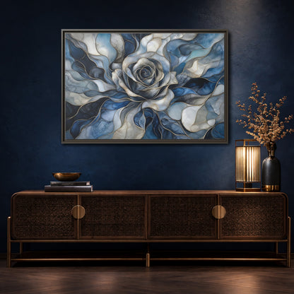 Mockup 4. Floral Rose Blue Gold Abstract shown as stretched canvas wall art