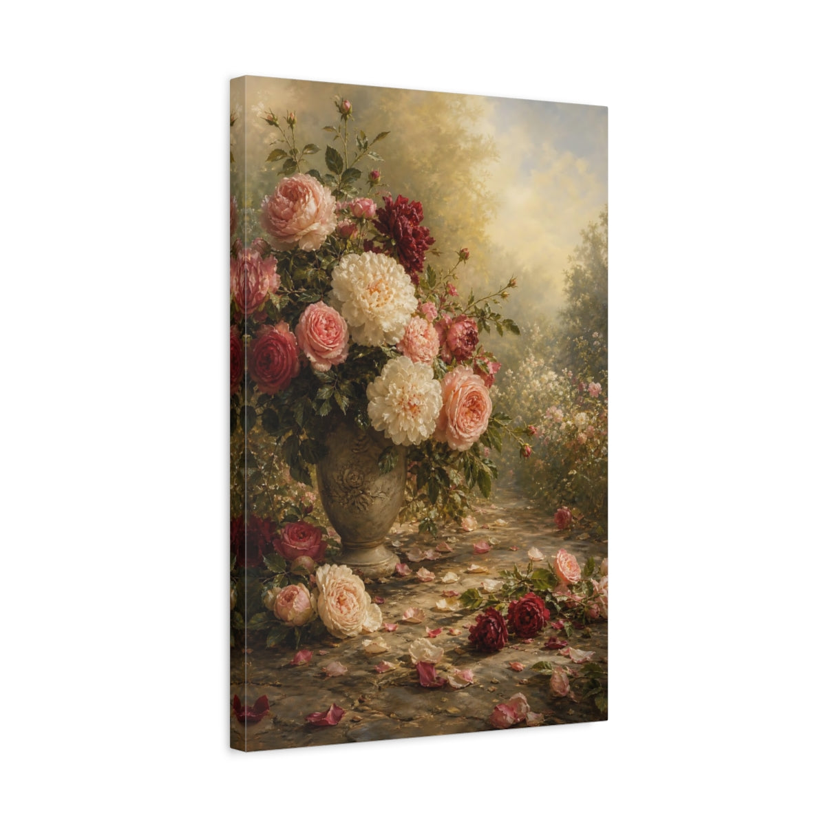 Side Mockup 3. Floral Rose Bouquet Pink And Red Roses shown as stretched canvas wall art