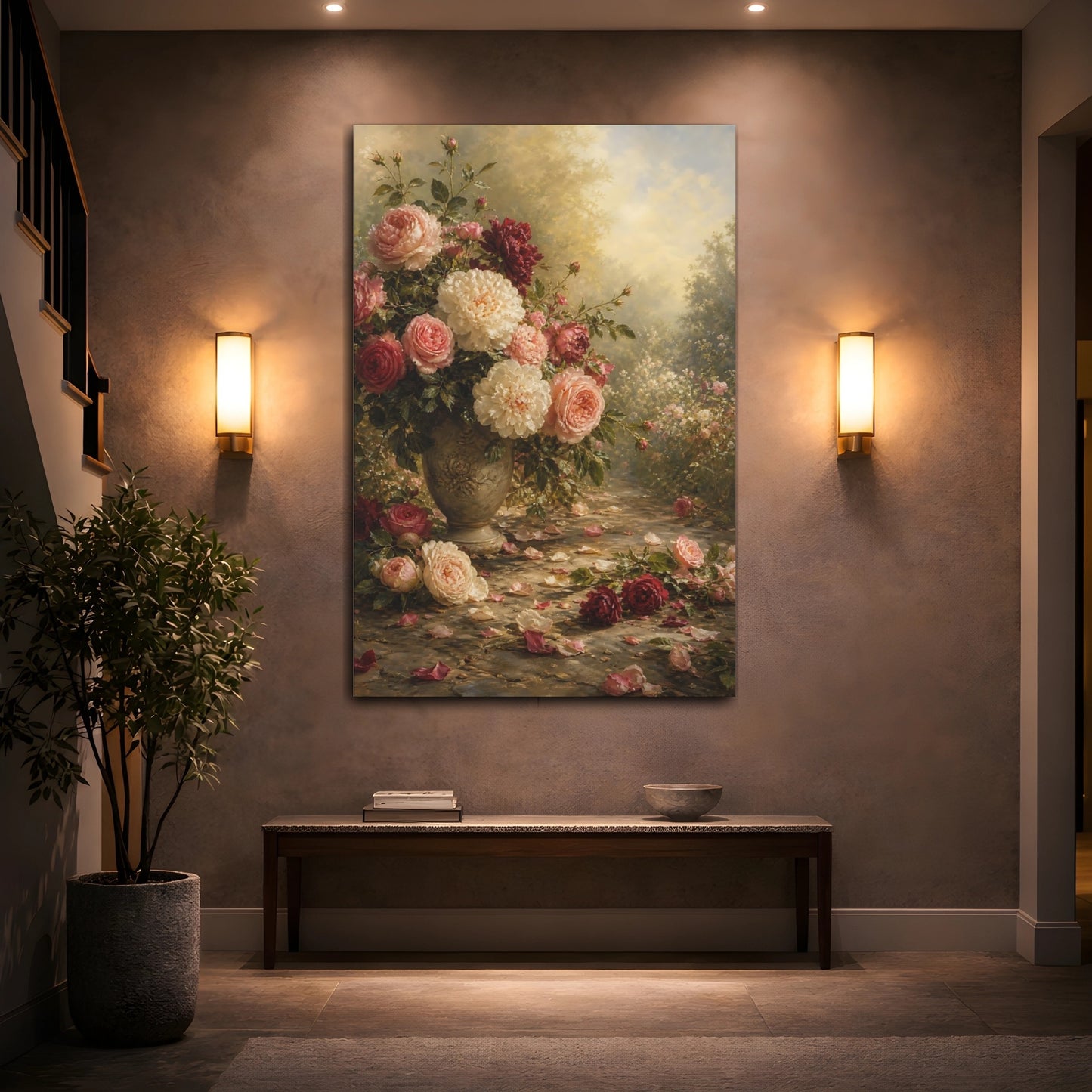 Mockup 2. Floral Rose Bouquet Pink And Red Roses shown as stretched canvas wall art