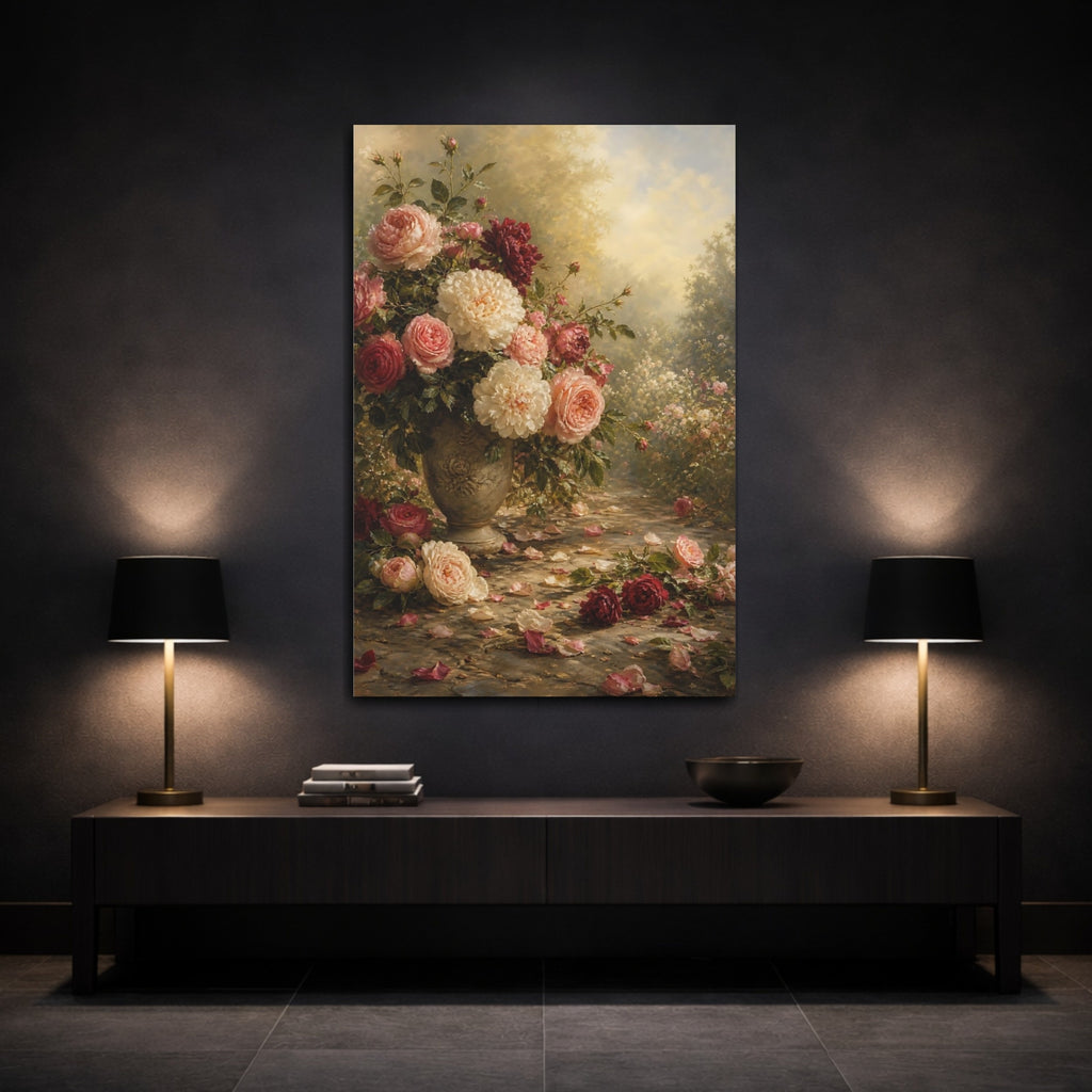 Mockup 3. Floral Rose Bouquet Pink And Red Roses shown as stretched canvas wall art