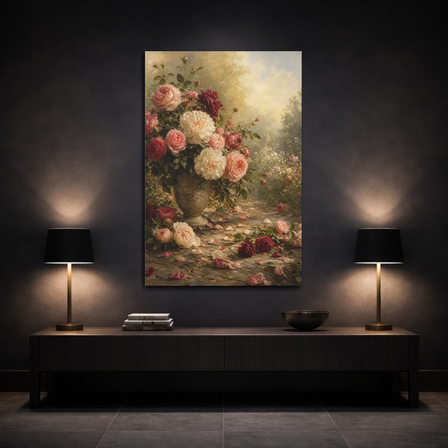 Mockup 3. Floral Rose Bouquet Pink And Red Roses shown as stretched canvas wall art