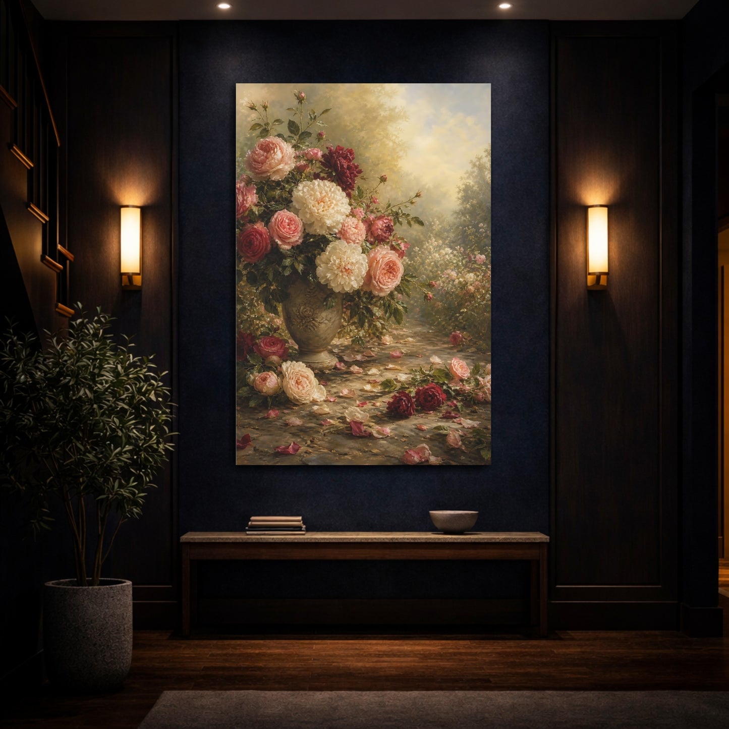 Mockup 4. Floral Rose Bouquet Pink And Red Roses shown as stretched canvas wall art