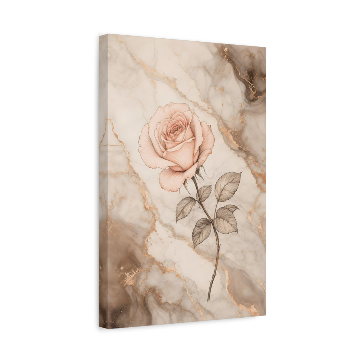 Side Mockup 4. Floral Rose Flower Pink And Gold Marble shown as stretched canvas wall art