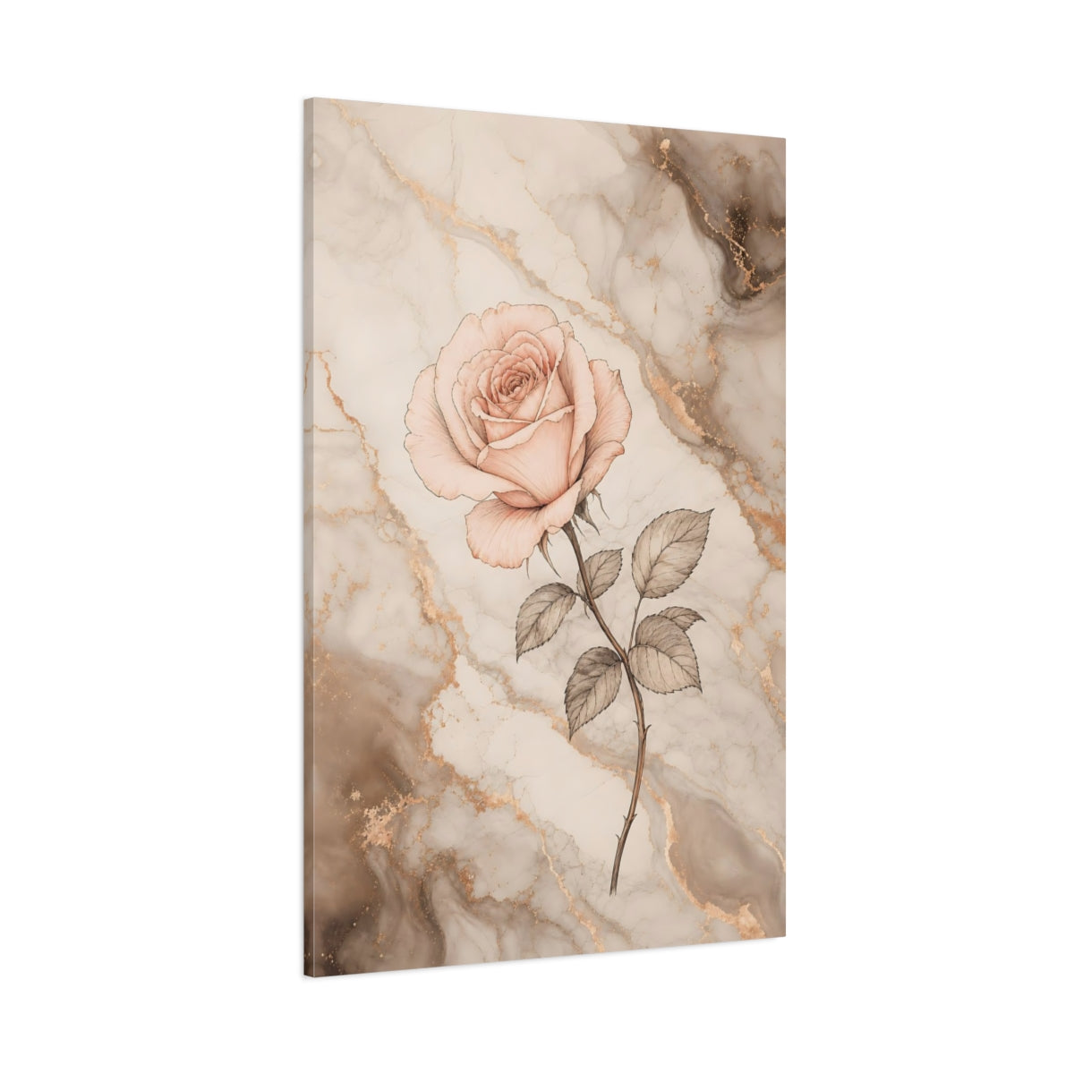 Side Mockup 1. Floral Rose Flower Pink And Gold Marble shown as stretched canvas wall art