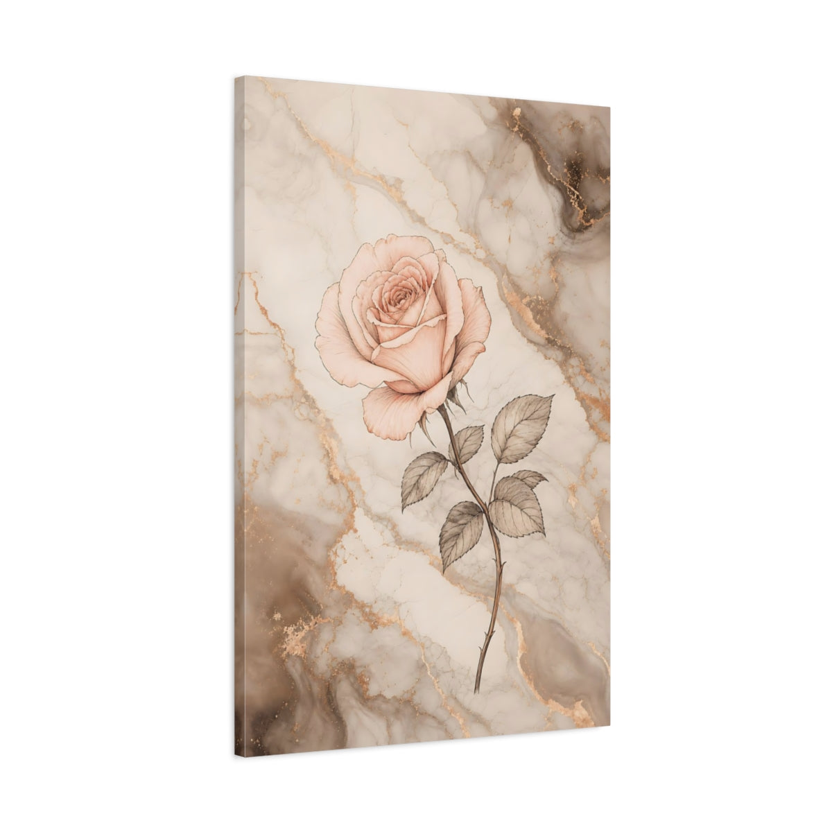 Main Mockup. Floral Rose Flower Pink And Gold Marble shown as stretched canvas wall art