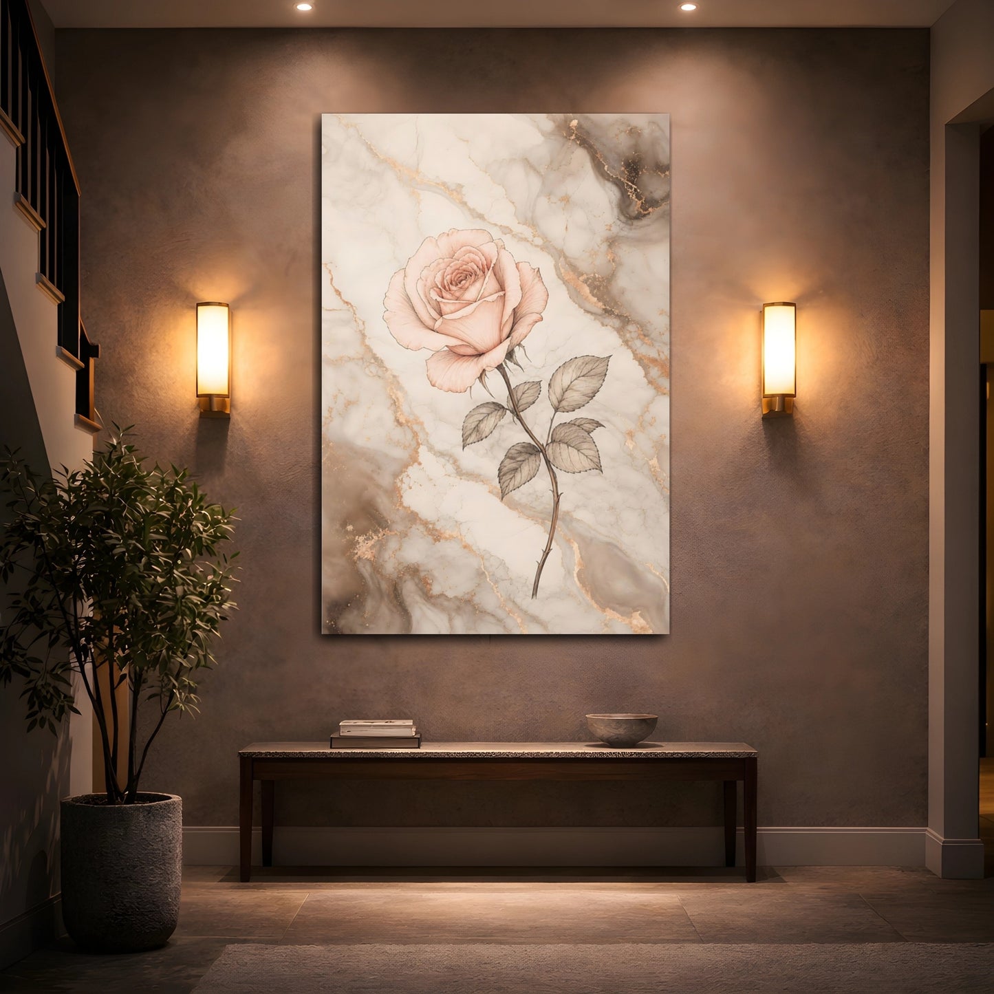 Mockup 2. Floral Rose Flower Pink And Gold Marble shown as stretched canvas wall art
