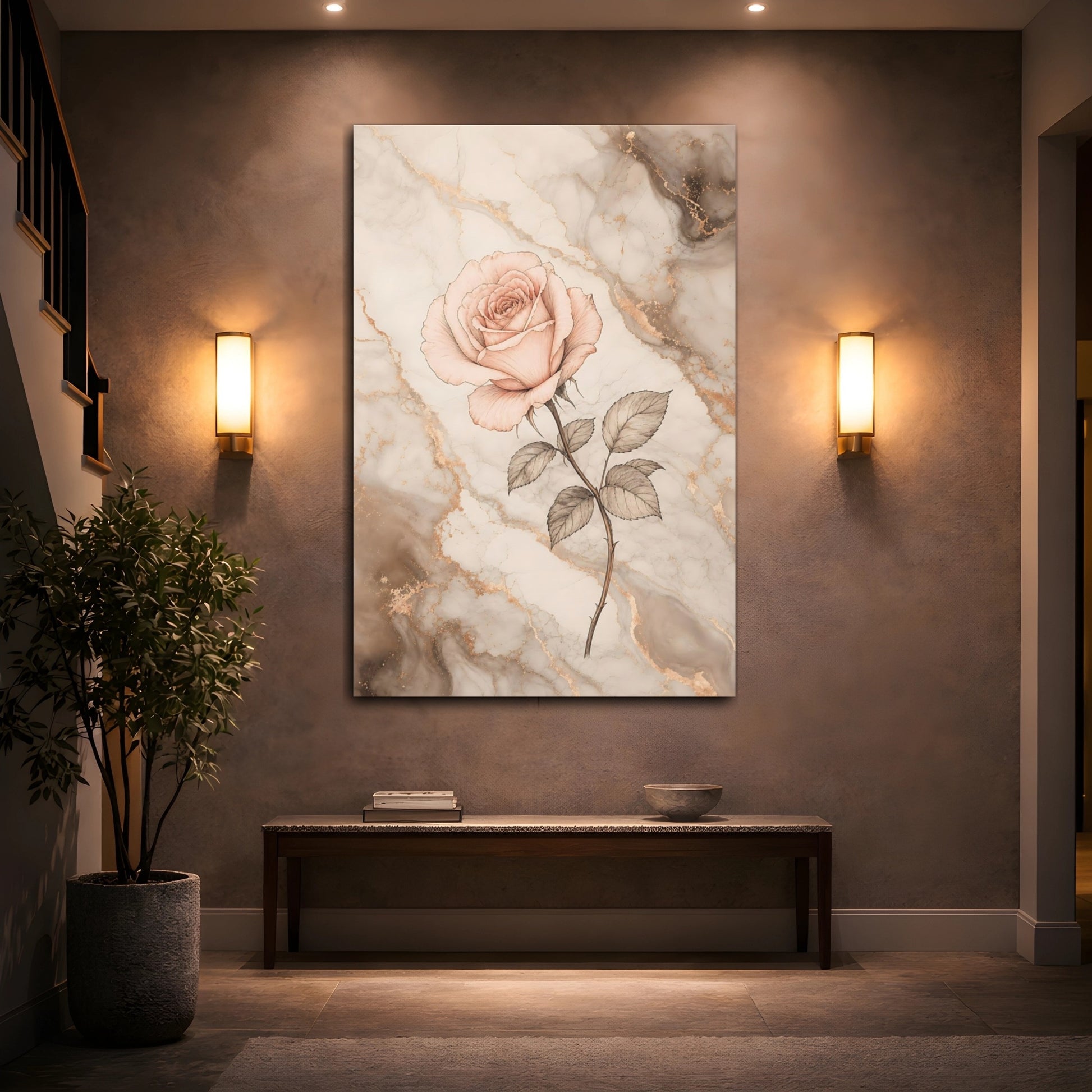 Mockup 2. Floral Rose Flower Pink And Gold Marble shown as stretched canvas wall art