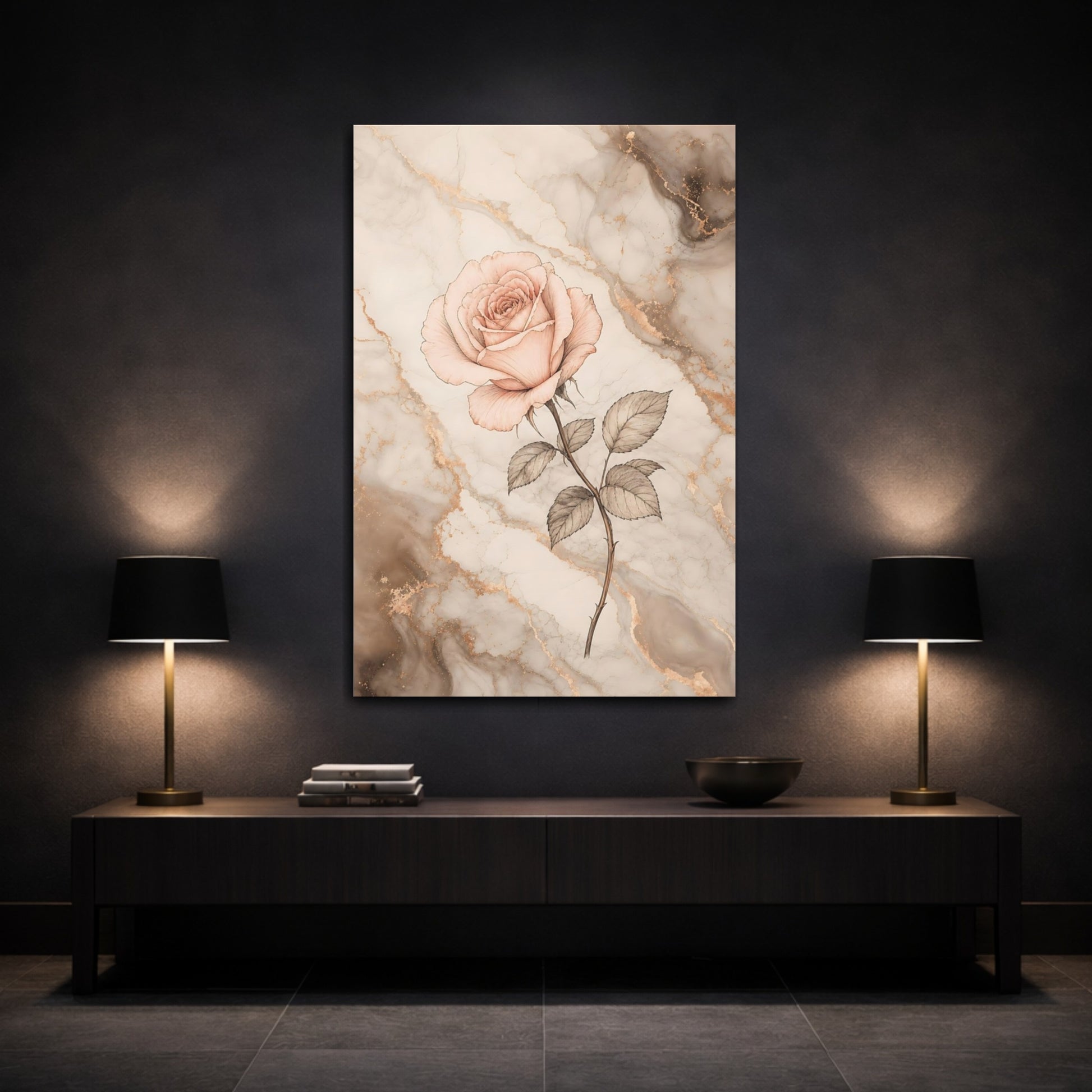 Mockup 3. Floral Rose Flower Pink And Gold Marble shown as stretched canvas wall art