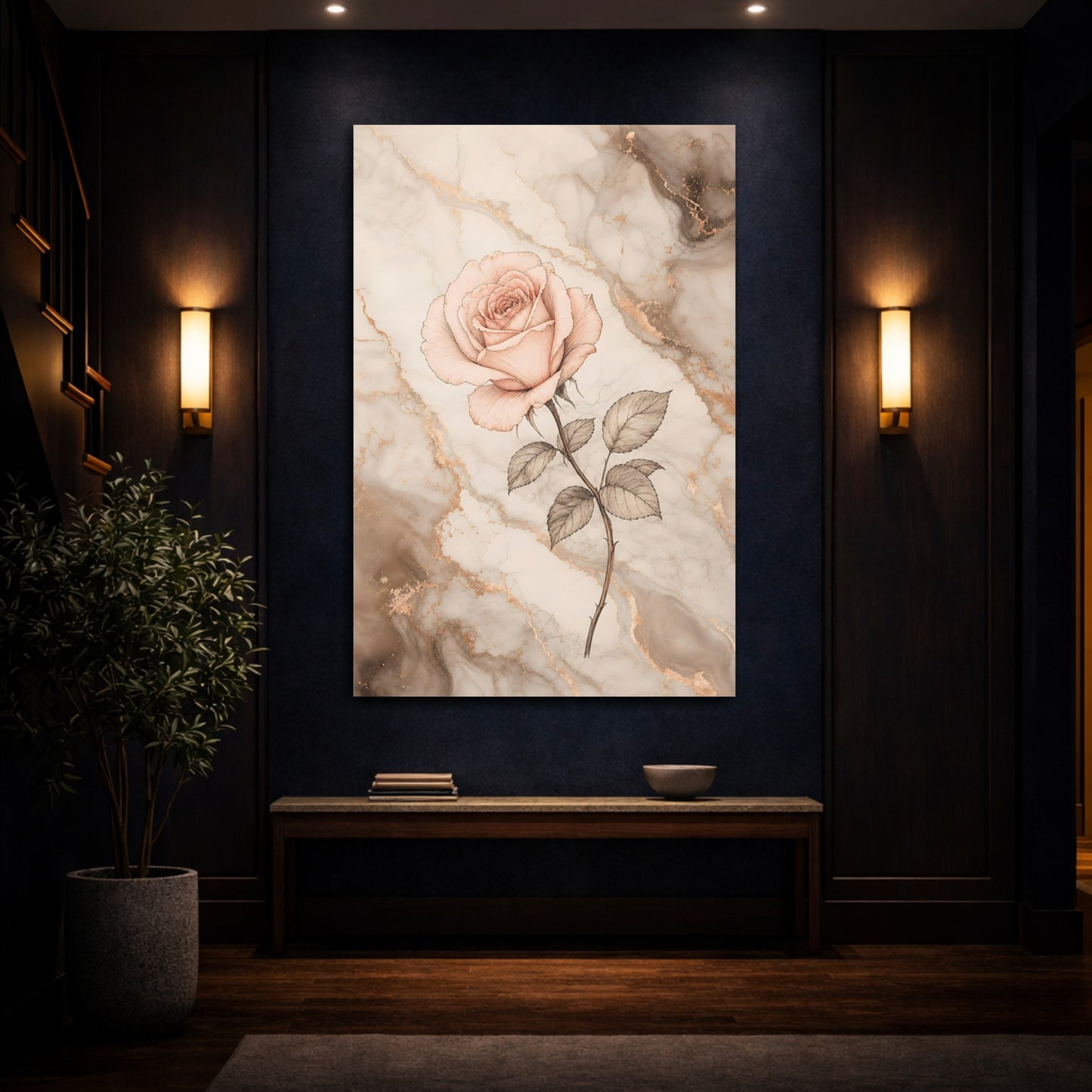 Mockup 4. Floral Rose Flower Pink And Gold Marble shown as stretched canvas wall art