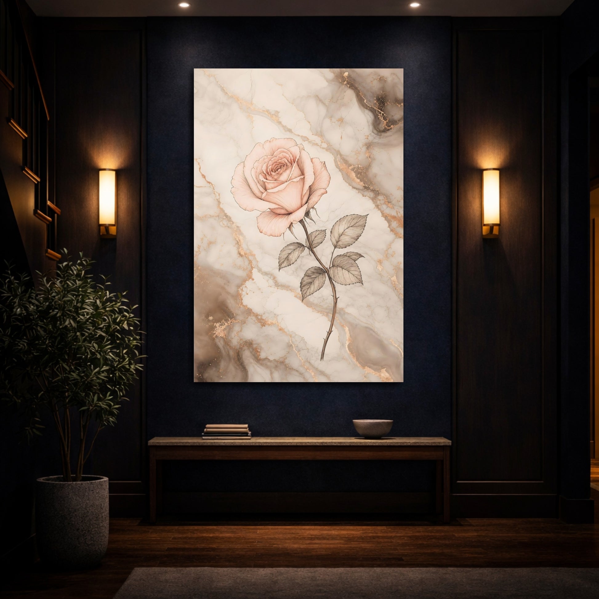 Mockup 4. Floral Rose Flower Pink And Gold Marble shown as stretched canvas wall art