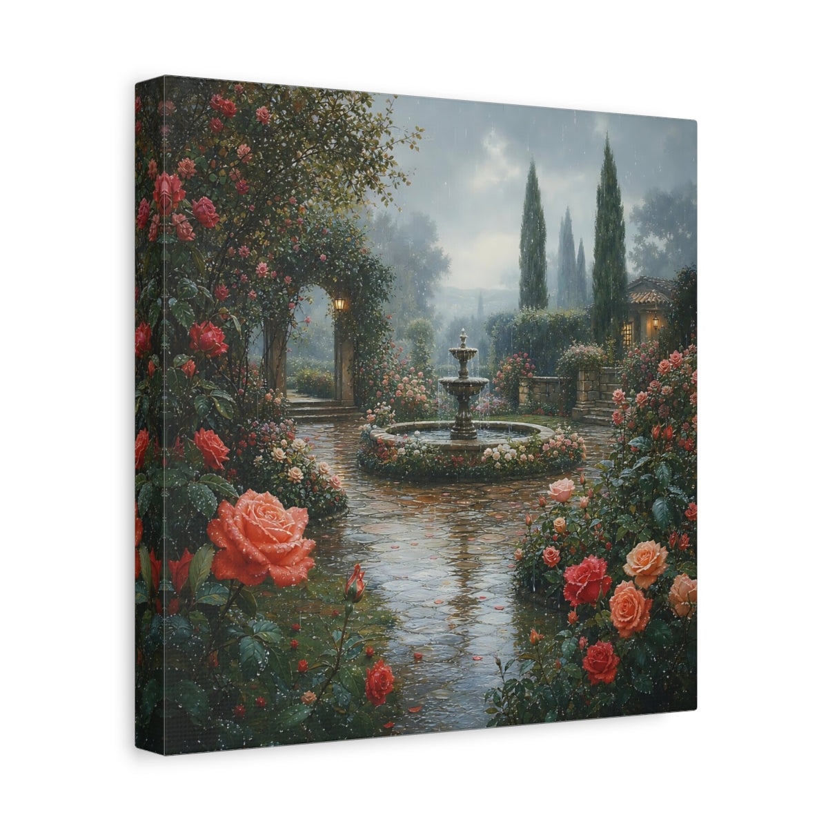 Side Mockup 8. Floral Rose Garden Pink Rose Garden shown as stretched canvas wall art