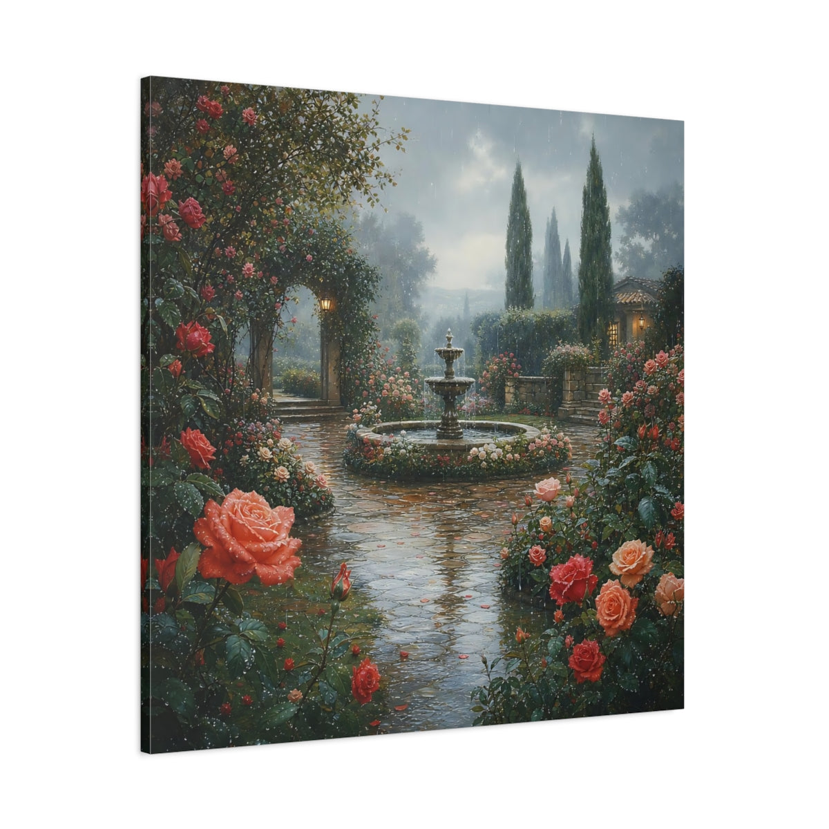 Side Mockup 1. Floral Rose Garden Pink Rose Garden shown as stretched canvas wall art