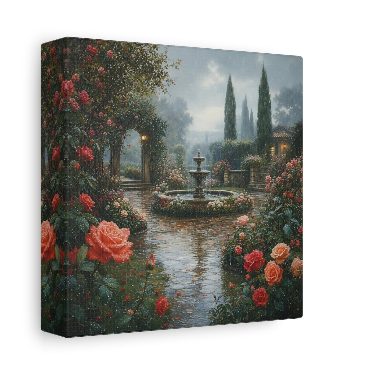 Side Mockup 2. Floral Rose Garden Pink Rose Garden shown as stretched canvas wall art