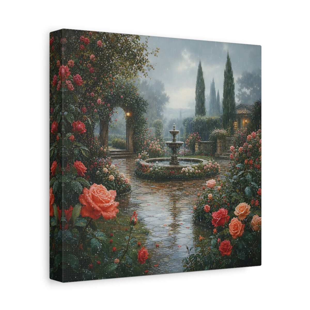 Side Mockup 9. Floral Rose Garden Pink Rose Garden shown as stretched canvas wall art