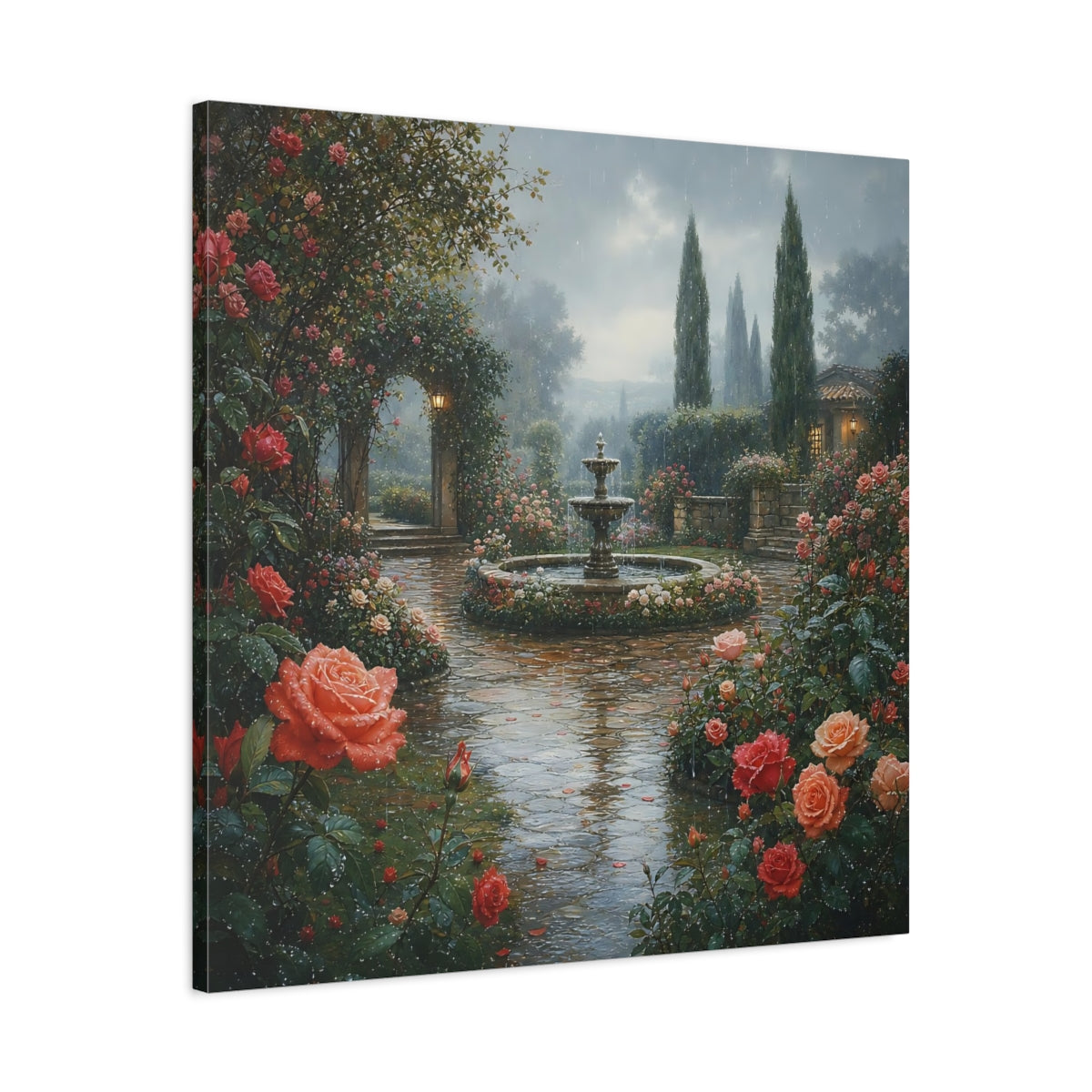 Side Mockup 3. Floral Rose Garden Pink Rose Garden shown as stretched canvas wall art