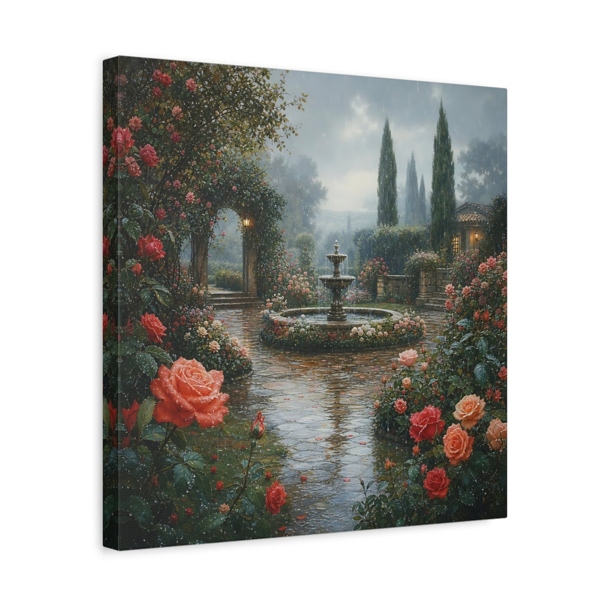 Side Mockup 6. Floral Rose Garden Pink Rose Garden shown as stretched canvas wall art