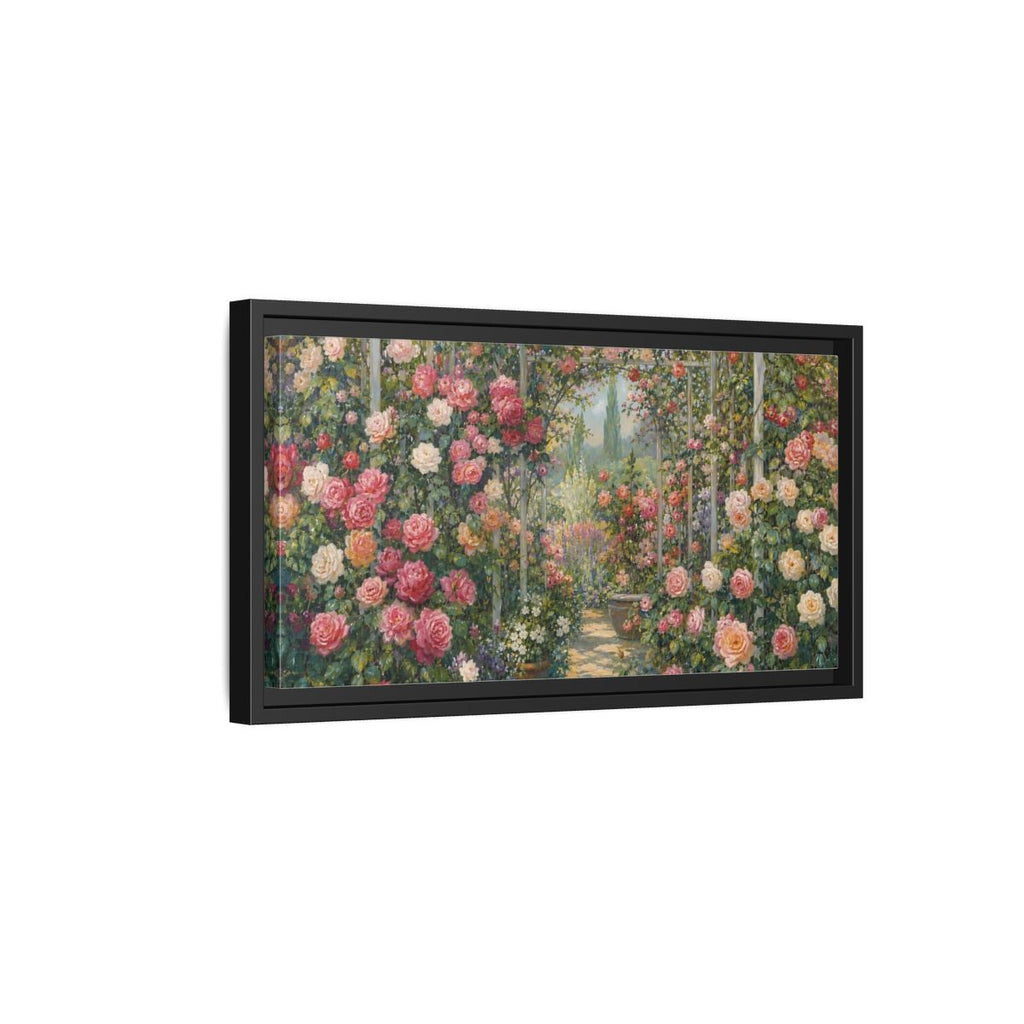 Side Mockup 8. Floral Rose Garden Pink Rose Garden shown as stretched canvas wall art