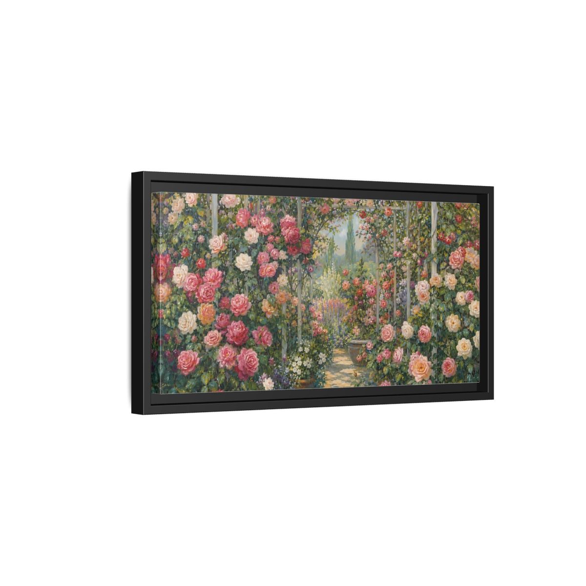 Side Mockup 8. Floral Rose Garden Pink Rose Garden shown as stretched canvas wall art