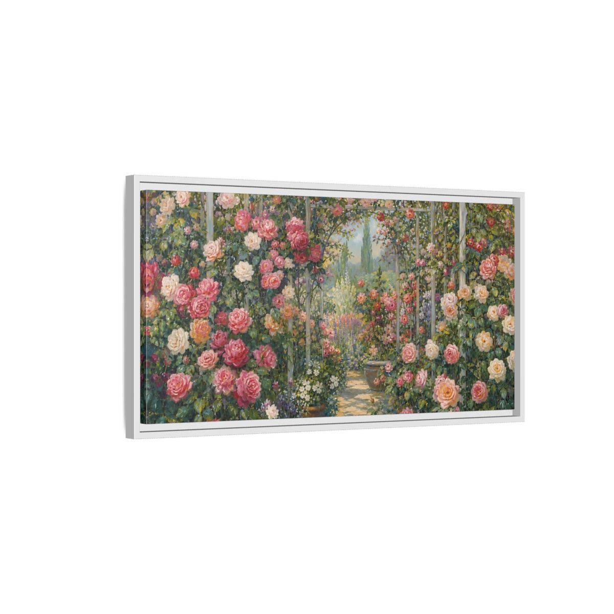 Side Mockup 1. Floral Rose Garden Pink Rose Garden shown as stretched canvas wall art