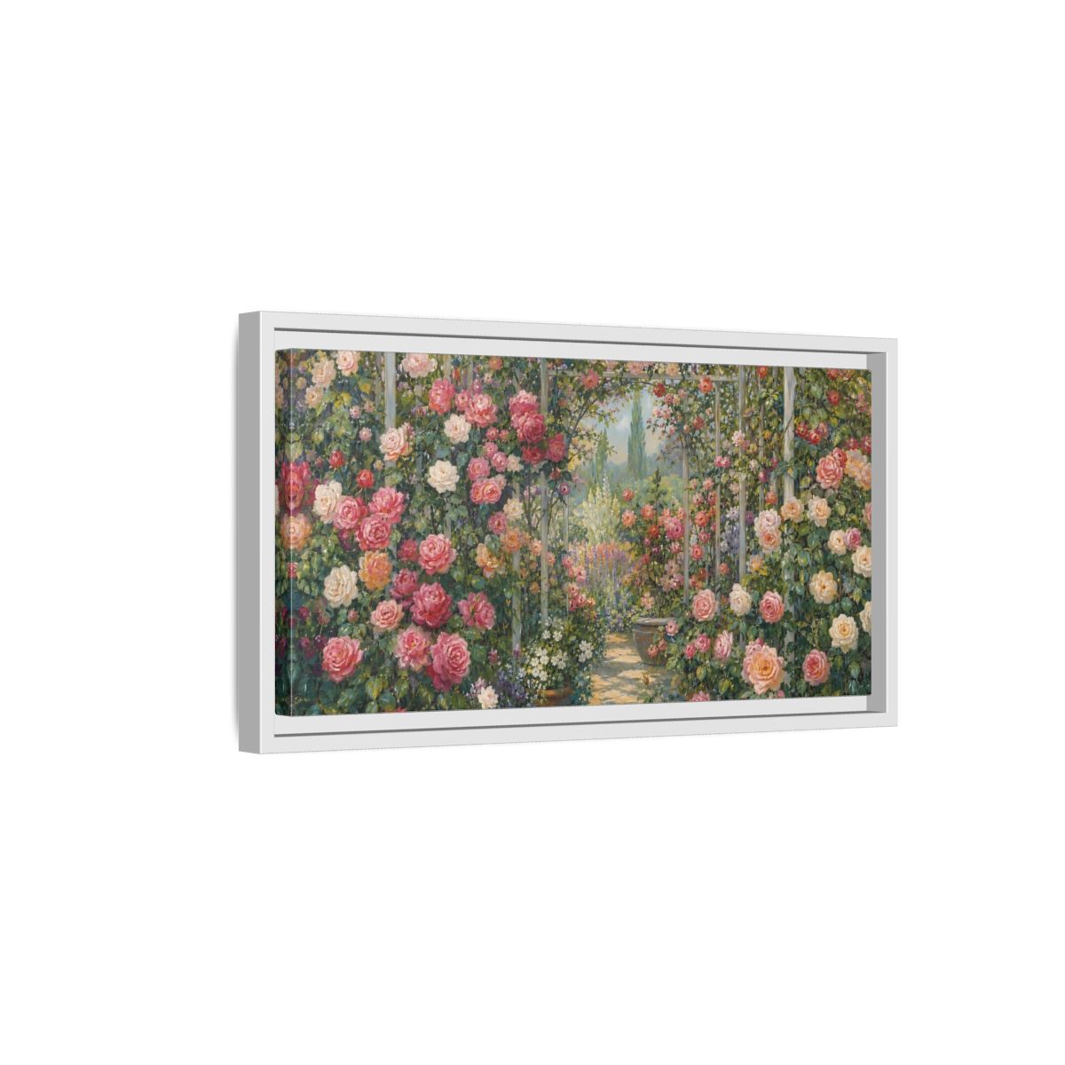 Side Mockup 6. Floral Rose Garden Pink Rose Garden shown as stretched canvas wall art