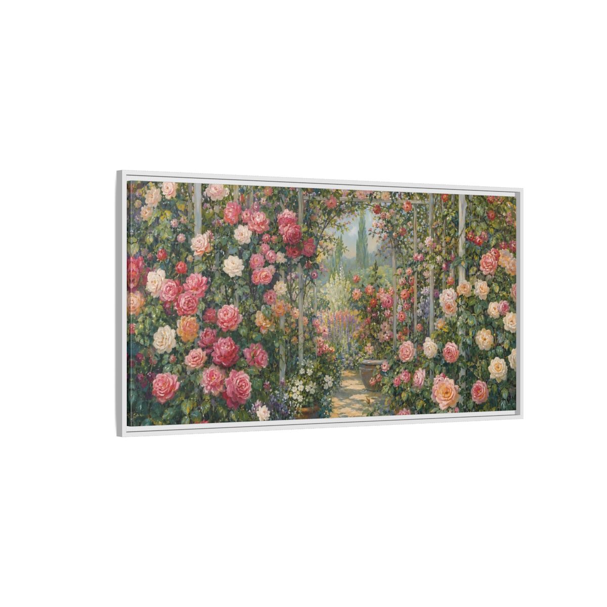 Side Mockup 3. Floral Rose Garden Pink Rose Garden shown as stretched canvas wall art