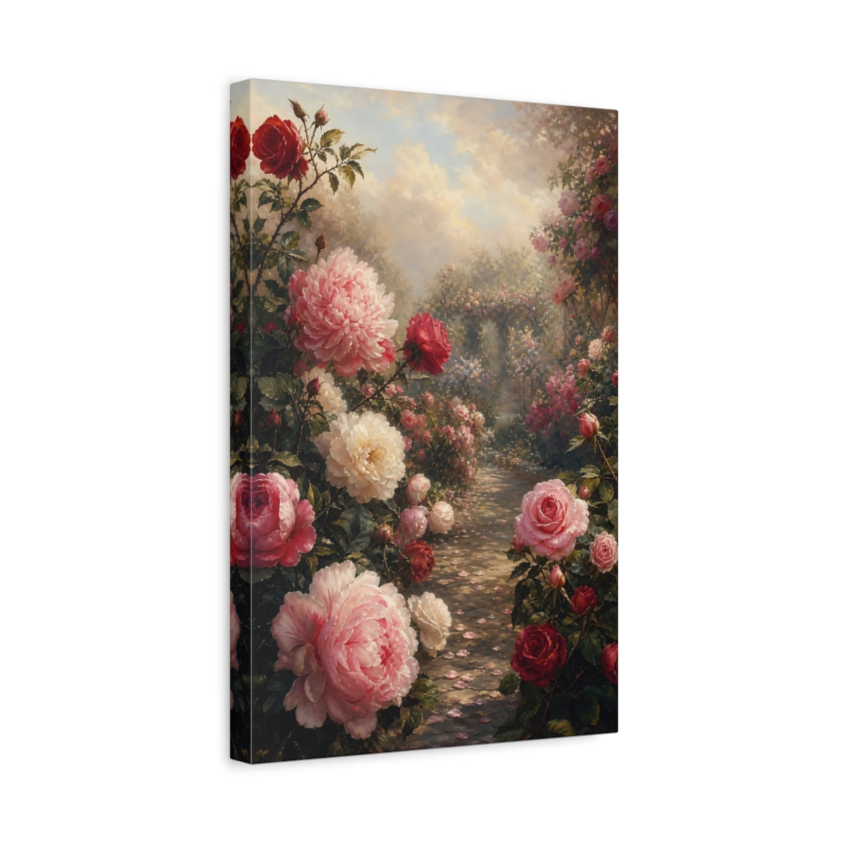 Side Mockup 4. Floral Rose Garden Pink Red Garden shown as stretched canvas wall art