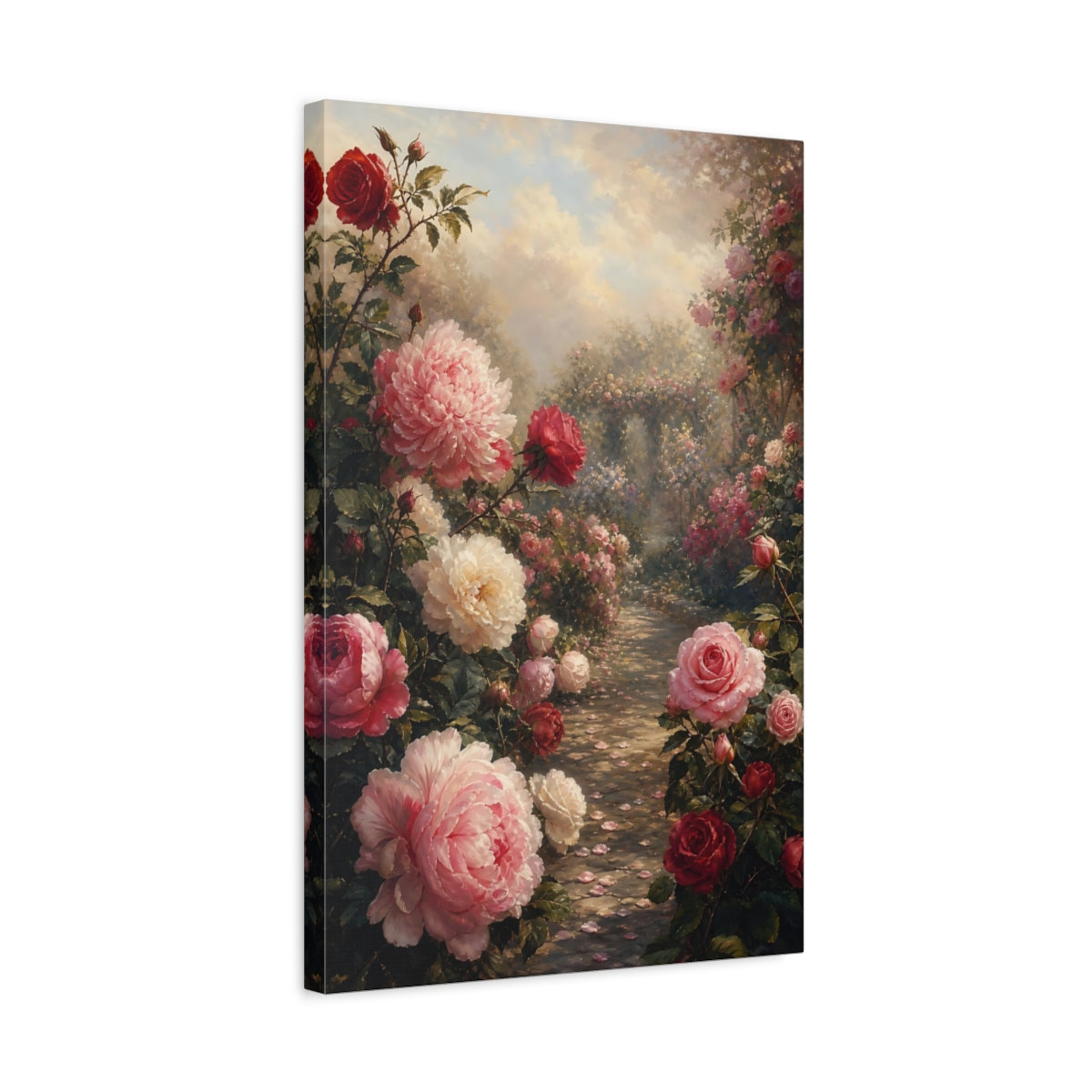 Side Mockup 3. Floral Rose Garden Pink Red Garden shown as stretched canvas wall art