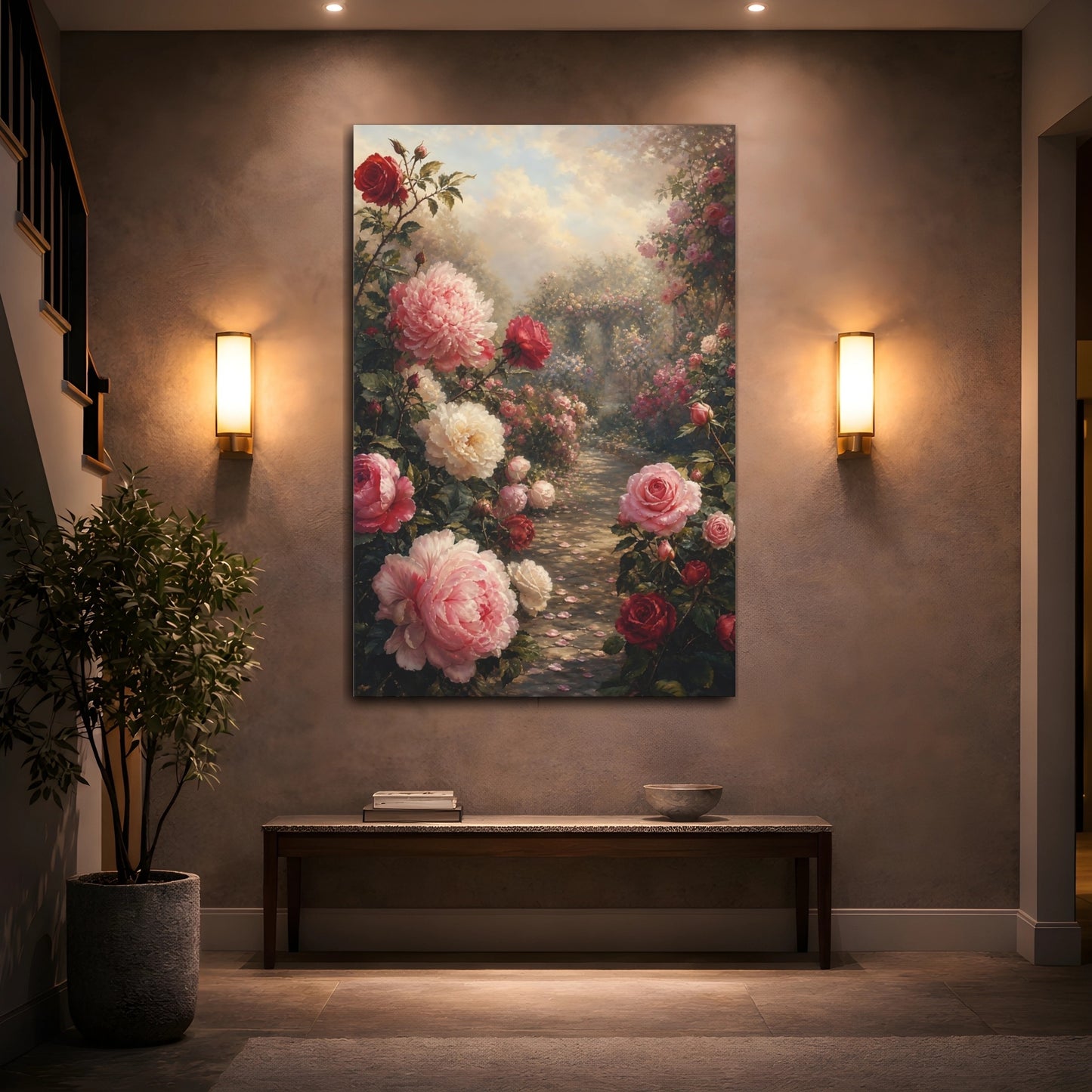 Mockup 2. Floral Rose Garden Pink Red Garden shown as stretched canvas wall art