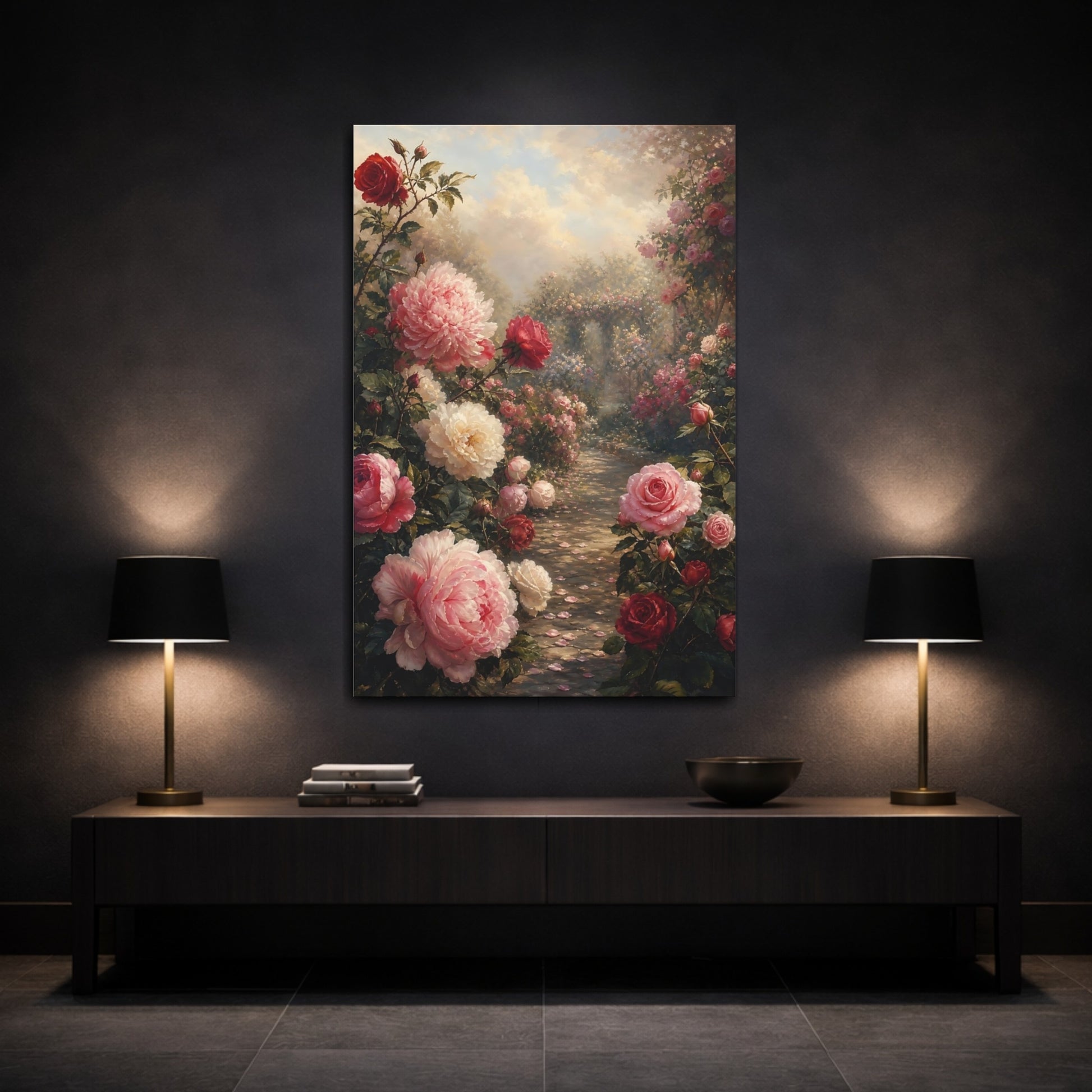 Mockup 3. Floral Rose Garden Pink Red Garden shown as stretched canvas wall art