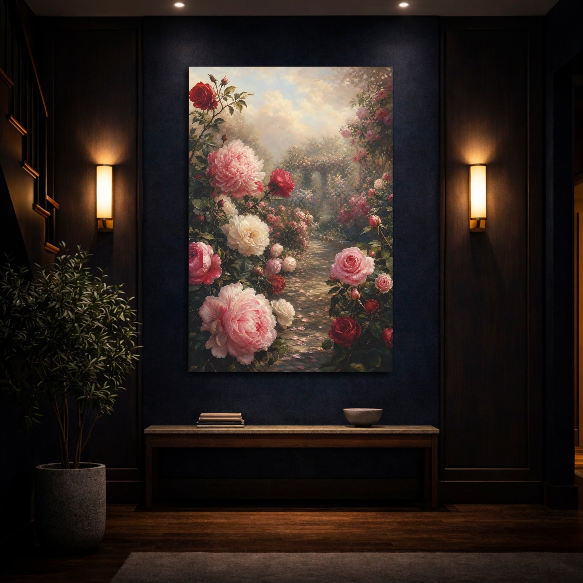 Mockup 4. Floral Rose Garden Pink Red Garden shown as stretched canvas wall art