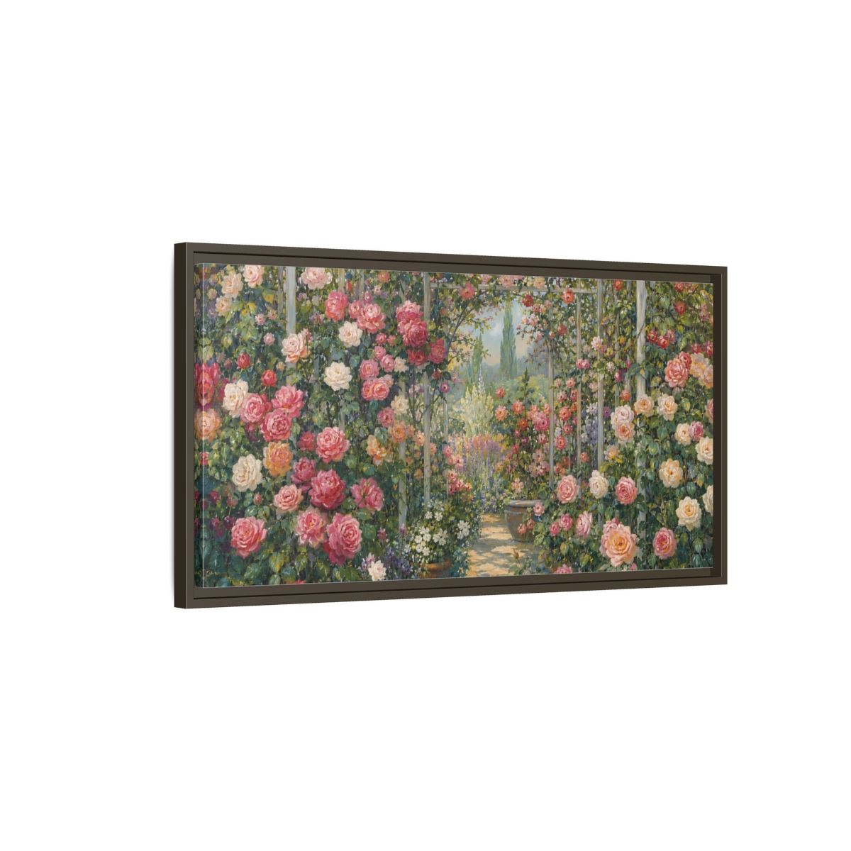 Main Mockup. Floral Rose Garden Pink Rose Garden shown as stretched canvas wall art