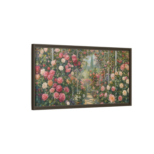 Main Mockup. Floral Rose Garden Pink Rose Garden shown as stretched canvas wall art