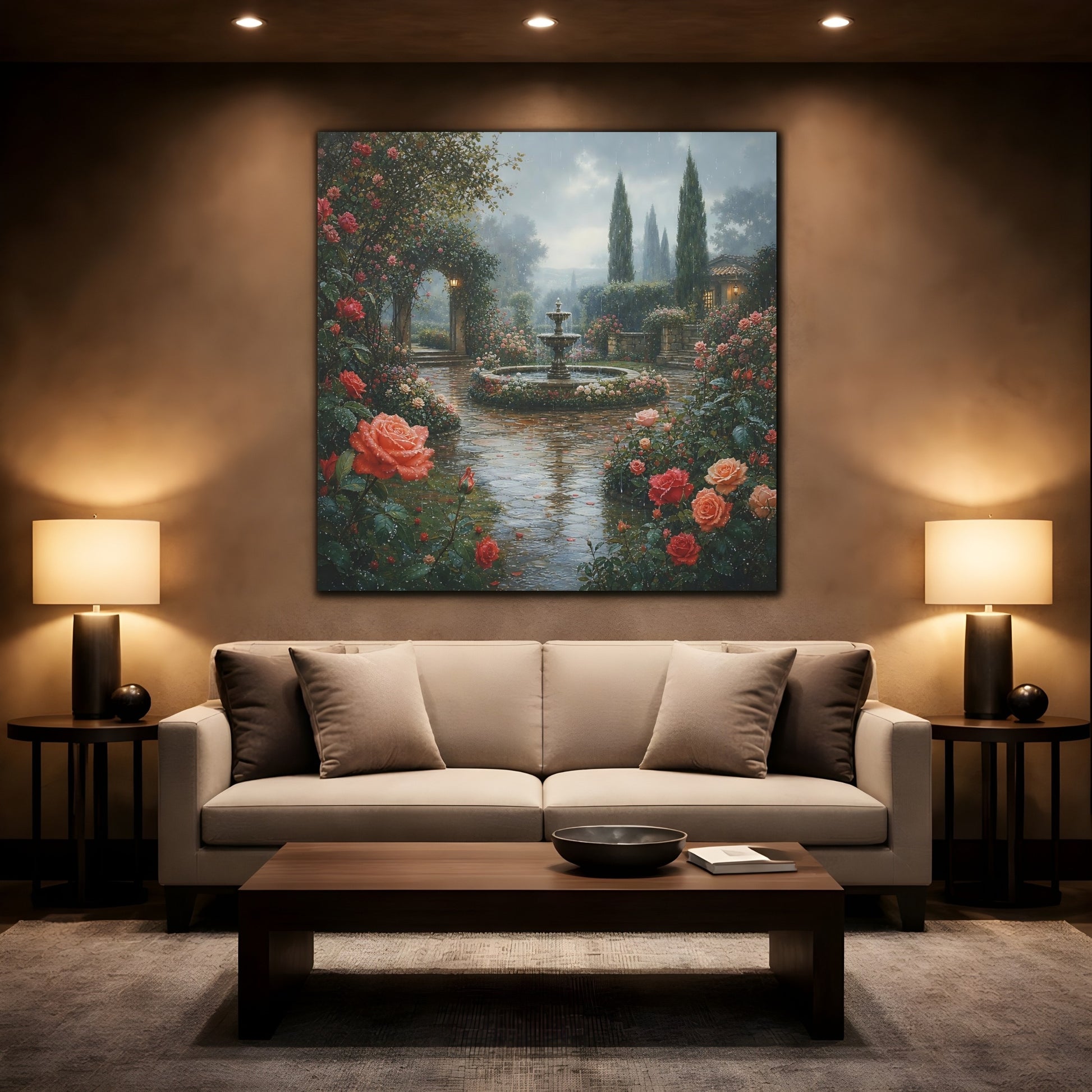 Mockup 2. Floral Rose Garden Pink Rose Garden shown as stretched canvas wall art