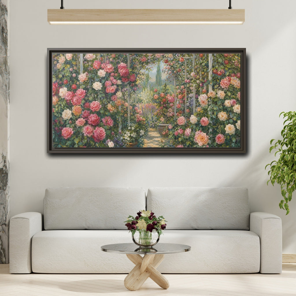 Mockup 2. Floral Rose Garden Pink Rose Garden shown as stretched canvas wall art