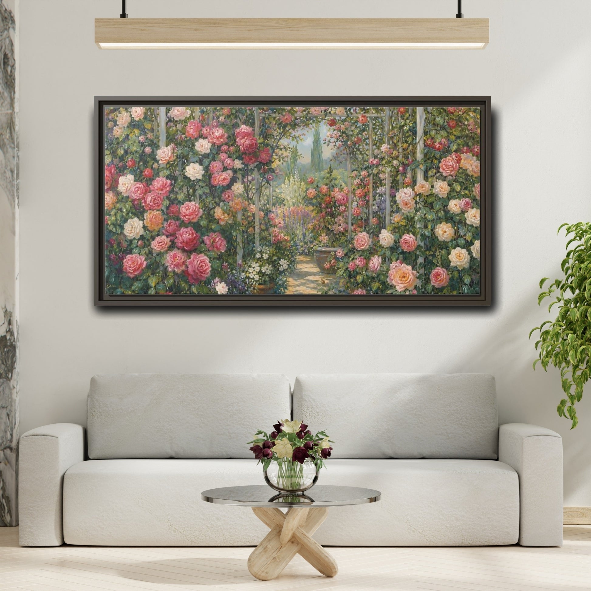 Mockup 2. Floral Rose Garden Pink Rose Garden shown as stretched canvas wall art